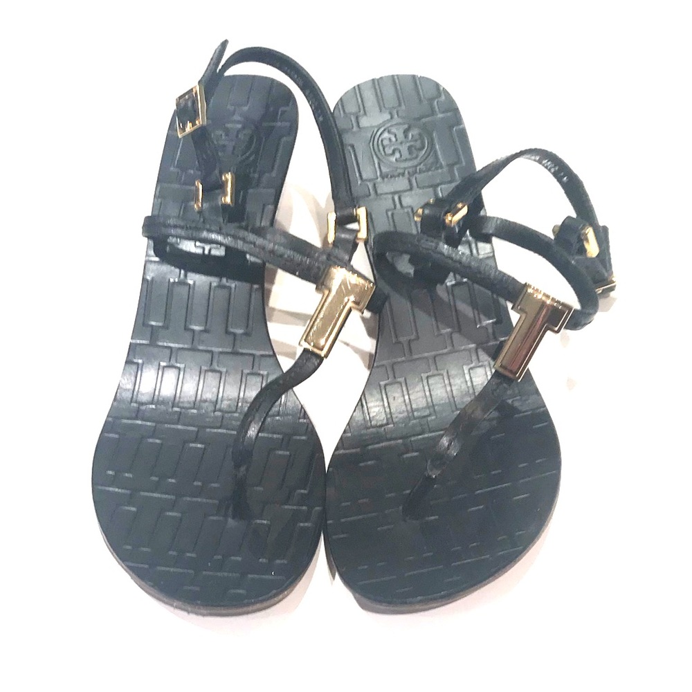Tory Burch Wedge Sandal Black Leather & Cork